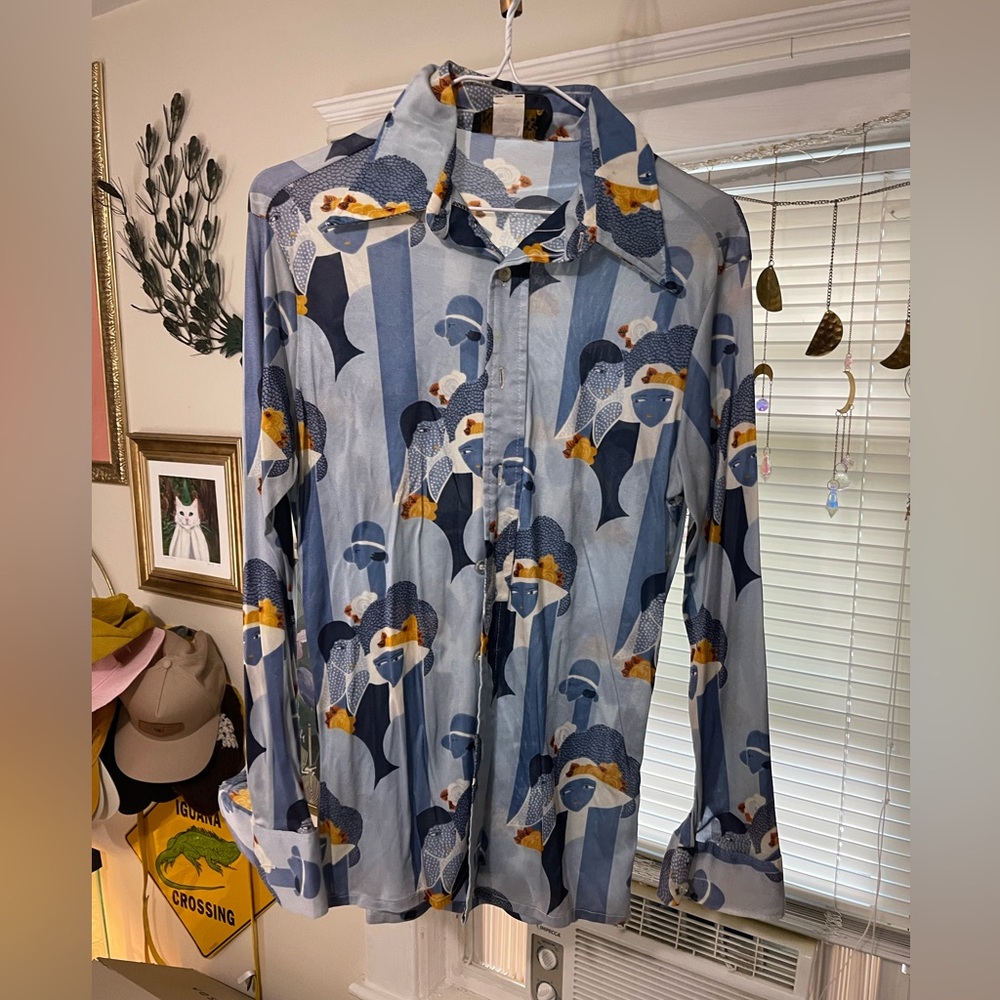 unique woman print sheer shirt